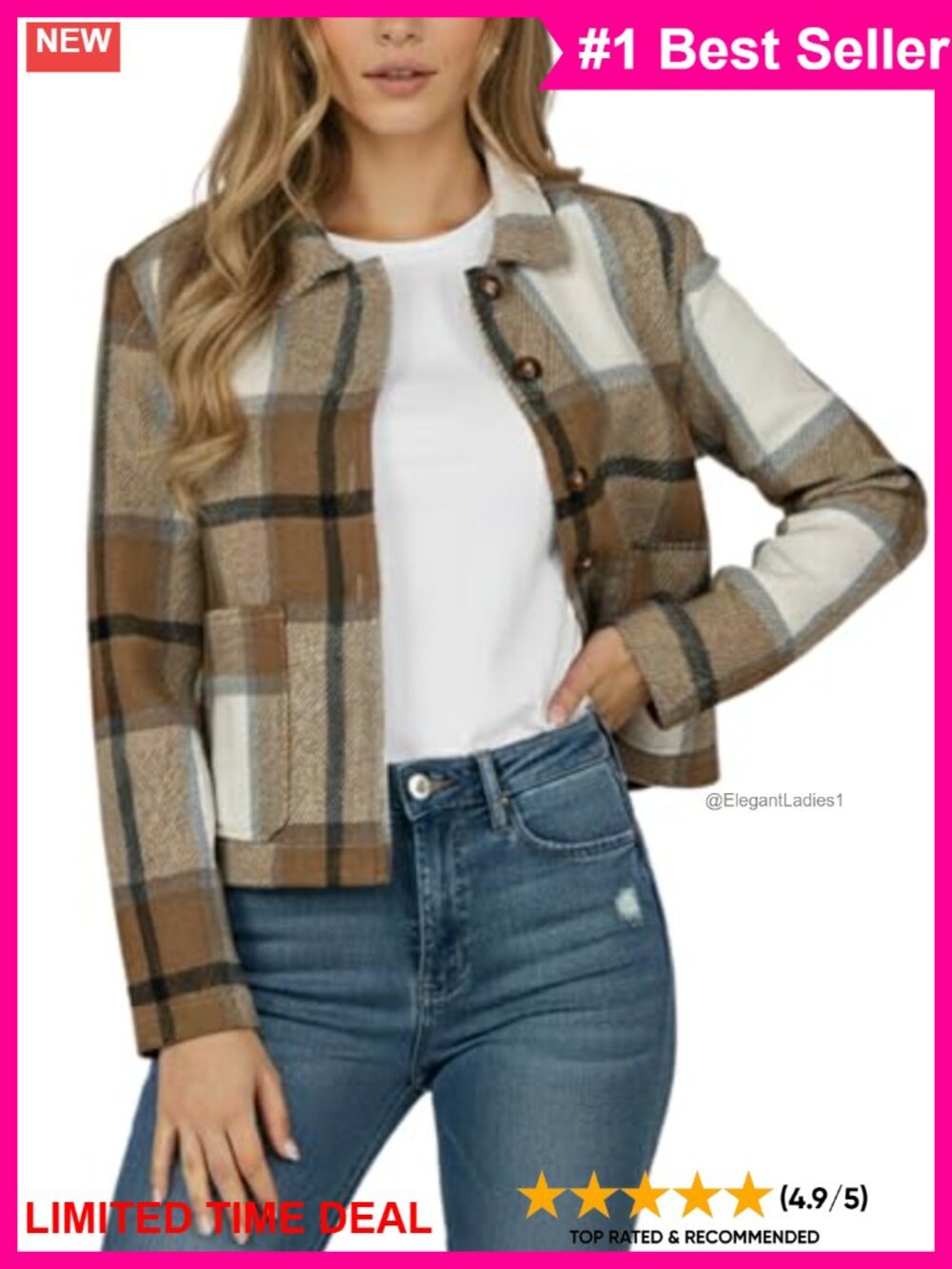 Cropped Flannel Shacket Plaid Button Down Shirt Casual Fall Jacket